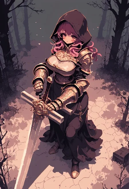 score_9, score_8_up, score_7_up, source_anime, fine sketch, manga style, monochrome, csr style, d3p1x3l, pixel art,
(1girl), pink hair, blush, shortish hair, bangs, stylish cut, a medieval peasant, wearing a (long heavy tunic with a hood), and light armor, highly detailed, full body illustration, milf, proud, adventurer, heroin, grabbing the handle of the, (giant_long_sword:1.6), (resting stance:1.6), firm grip, wide shoulders, (muscular:1.2), tall height, busty, gauntlets, (looking up), epic composition, dark fantasy,
a foggy and mysterious scene, dark fantasy aesthetic, dead trees in the background, with insanely intricate details and textures, gloomy dramatic lighting, perspective, (high angle:1.4), dynamic, foreshortening