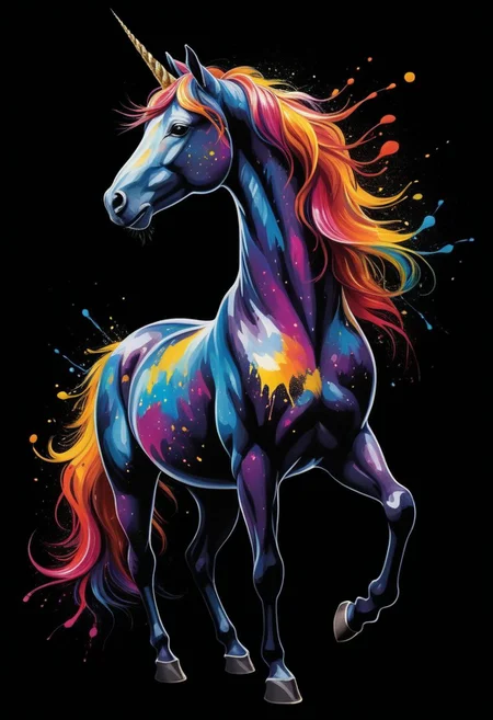 A captivating and dynamic artwork on a deep black background, with vibrant colors expertly splattered to create an enchanting effect. The splatter patterns meticulously form the silhouette of a majestic, colorful unicorn, adding a touch of elegance and sophistication to the overall composition. The image exudes creativity and artistic expression, with a sense of movement and energy that draws the viewer in, immersing them in the world of vibrant colors and fluid forms.