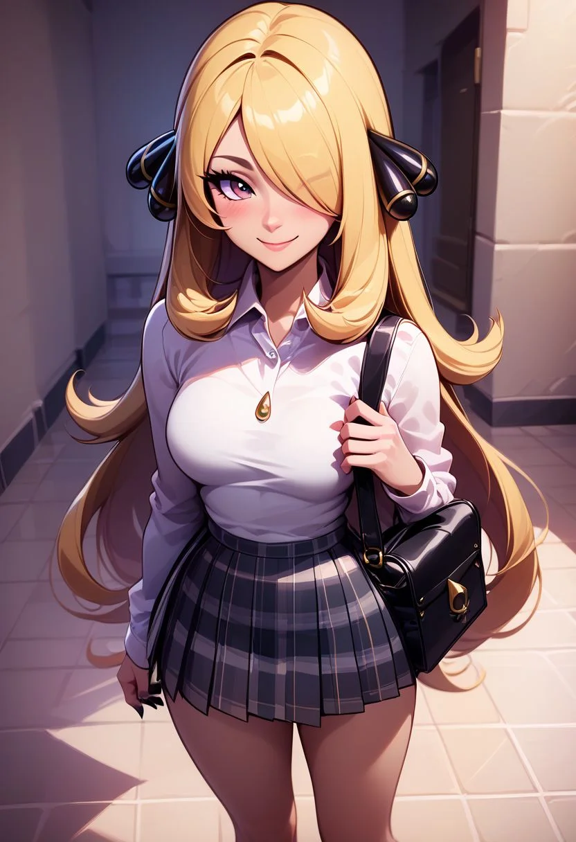 score_9, score_8_up, score_8, medium breasts, (curvy), cute, eyelashes,     
BREAK,
zzCynthia, solo, 1girl,  blonde, long hair,
BREAK,
 closed mouth, alternate costume, smile, nail polish, looking at viewer, hand up, collared shirt, blush, sweater, black skirt, black nails, eyelashes, long sleeves, sleeves past wrists, plaid skirt, shoulder bag, black bag, blurry, tile floor, pleated skirt, white shirt,
zPDXL,