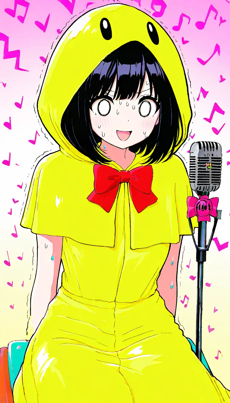 masterpiece, best quality, good quality, very aesthetic, absurdres, newest,1girl, solo, o o, bow, bowtie, capelet, gradient background, hood up, hooded capelet, light blush, microphone, nervous, nervous sweating, seiza, sitting on stool, open mouth, pink background, red bow, red bowtie, smile, staff (music), star (symbol), sweat, traditional bowtie, trembling, v-shaped eyebrows, yellow background, yellow capelet, The microphone stand is placed in front of the girl 