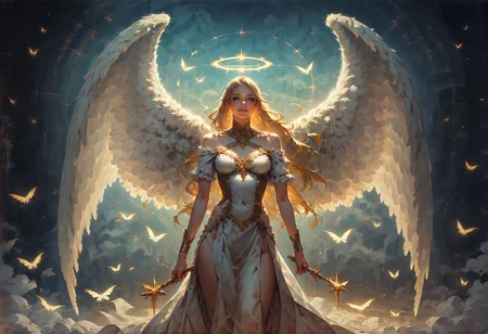 score_9, score_8_up, score_7_up, woman, intricate, gold trim, fringe, wings, otherworldly, angelic outfit, Crystaline Peaks, angel, vibrant, high contrast, (atmospheric perspective:1.3), blonde hair, radiance, ephemeral, white and gold, solo <lora:sdxl\vixon_pony_oil:0.7> <lora:sdxl\Anime Summer Days Style SDXL_LoRA_Pony Diffusion V6 XL:0.5>