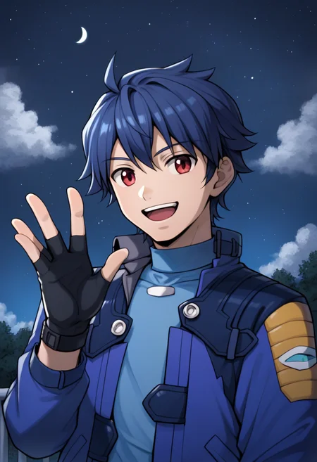 score_9,score_8_up,score_7_up,score_6_up,score_5_up,score_4_up BREAK rd\(zoids\),1boy,male focus,solo,gloves,red eyes,night,sky,black fingerless gloves,smile,open mouth,night sky,cloud,waving,upper body,star \(sky\),jacket,blue jacket,blue shirt,<lora:RDV1-1:1>,