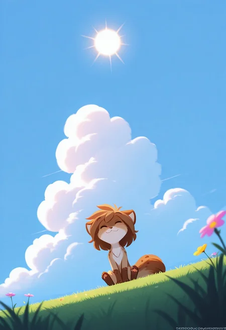 masterpiece, best quality, good quality, very awa, very aesthetic, absurdres, newest,
smile, closed mouth, closed eyes, :3, sitting, outdoors, sky, day, sun, cloud, blue sky, grass, flower, pink flower, yellow flower, purple flower, Blurred foreground,
from below, Dutch angle,Wide Shot, Full body, (haiz_ai, no lineart,no outline),
Kathrin Vaughan_\(Twokinds\), out of frame, bright colors, simple background, shadow, backlighting,
