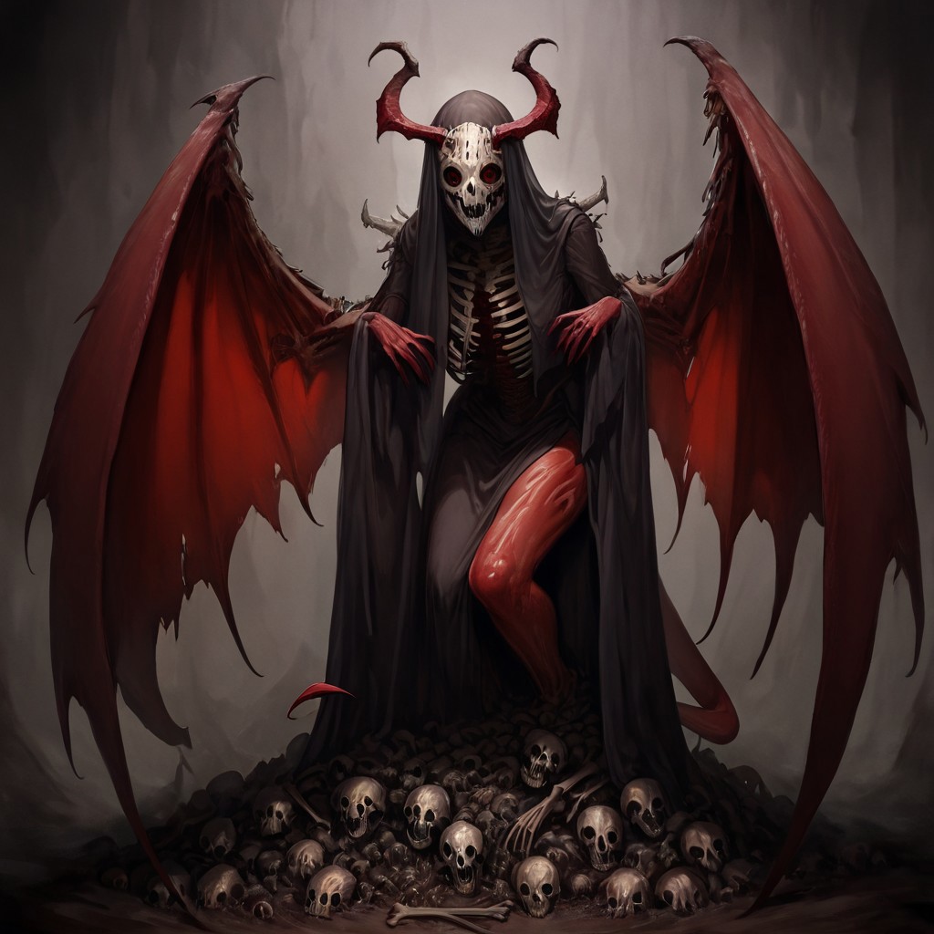 masterpiece, best quality, newest, absurdres, highres, 
TWEV1.0, 1girl, red skin, red colored skin, demon girl, succubus, demon horns, horns, demon wings, demon tail, wings, horror (theme), monster girl, skull, skull mask, bones, skeleton, veil, veiled face, mask,