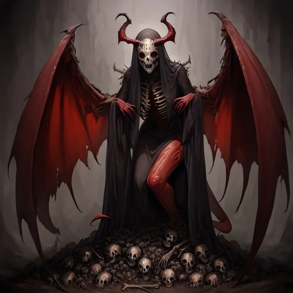 masterpiece, best quality, newest, absurdres, highres,
TWEV1.0, 1girl, red skin, red colored skin, demon girl, succubus, demon horns, horns, demon wings, demon tail, wings, horror (theme), monster girl, skull, skull mask, bones, skeleton, veil, veiled face, mask,