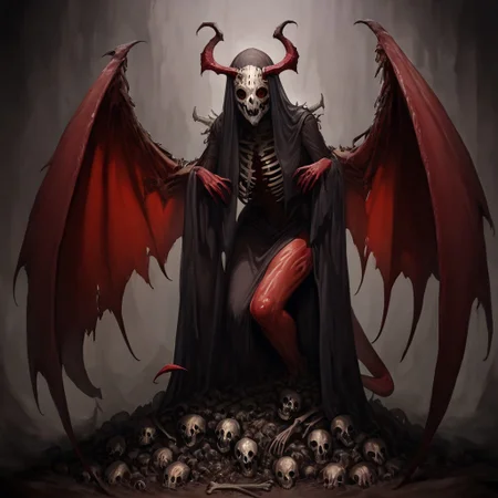 masterpiece, best quality, newest, absurdres, highres,
TWEV1.0, 1girl, red skin, red colored skin, demon girl, succubus, demon horns, horns, demon wings, demon tail, wings, horror (theme), monster girl, skull, skull mask, bones, skeleton, veil, veiled face, mask,