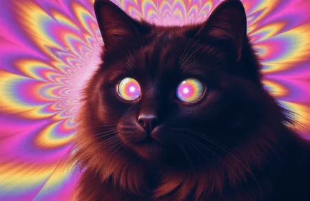 **Subject/Character:**
A detailed, portrait of a majestic black Maine cat with long luxurious fur that flows softly and frames its face. Its mane is thick long and voluminous, adding a regal and elegant appearance. There are big circles inside of its eyes with a MESMERIZING OPTICAL ILLUSION they are now a kaleidoscopic explosion of vibrant colors, they are surreal and exaggerated, blending neon pinks, electric blues, glowing greens, radiant yellows, in an infinite swirl of trippy patterns. (((creating a dizzying effect that stretches into infinity. pulsating, trippy, pulsing. )))eyes that pulse with psychedelic energy. The fur is long rich and textured, featuring warm shades of grey and black with subtle highlights. The cat's expression is focused and intense, evoking an eerie sense of power and mystery. Whiskers radiate outward, adding lifelike detail to the scene.
**Background:**
A minimal and matching to the eyes optical illusion. bending optical illusion of swirling neon colors—pinks, blues, and yellows—that distort reality around it, creating a dizzying effect that stretches into infinity. The entire scene, from the cat, is warped and twisted by this overwhelming illusion.
**Style:**
The art style is hyper-detailed, emphasizing fine details such as the texture of the fur, the eyes are surreal and exaggerated a MESMERIZING OPTICAL ILLUSION they are now a kaleidoscopic explosion of vibrant colors, blending neon pinks, electric blues, glowing greens, radiant yellows, in an infinite swirl of trippy patterns. creating a dizzying effect that stretches into infinity. pulsating, trippy, pulsing. eyes that pulse with psychedelic energy. and the interplay of light and shadow. The mood is haunting and dramatic, combining realism with a surreal, almost apocalyptic atmosphere. , A minimal and matching to the eyes optical illusion with deep shadows creating a captivating, high-contrast composition. The scene is both awe-inspiring and visually overwhelming, as the illusion pulses with energy.
MESMERIZING OPTICAL ILLUSION, Anaglyph3D, ArsMovieStill, 80s Fantasy Movie Still, in the style of Jed4ni, FaeTastic, ethereal, tranceeyez4flux