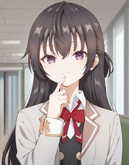 score_9, score_8_up, score_7_up, source_anime,
1girl, solo, looking at viewer, blurry background, upper body, light smile, finger to mouth,
yuki suou, black hair, long hair, half updo, hair between eyes, purple eyes,
school uniform, grey jacket, open jacket, long sleeves, red bow, white shirt, collared shirt, black vest, buttons, black dress,
<lora:yuki_suou_anime_v4-soralz:1>