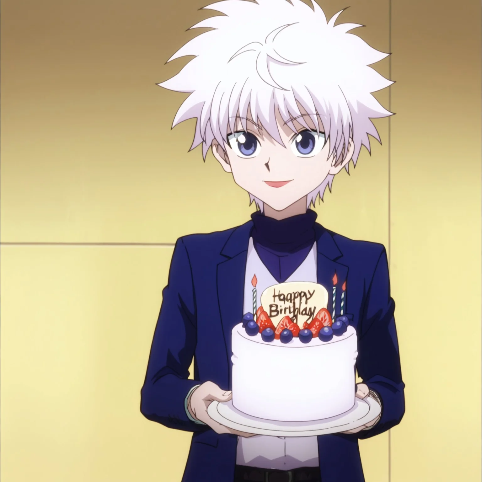 score_9, score_8_up, score_7_up BREAK masterpiece, newest, Highly detailed, zzHoldingCake, cake, birthday cake, happy birthday, 1boy, anime screencap, anime coloring, 1boy, solo, male focus, <lora:killua_zoldyck_pony:0.76>, killua_zoldyck, white hair, blue eyes, blazer, <lora:HoldingCakePDXL:1>