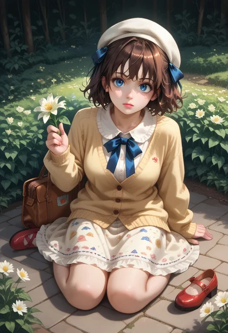 score_9, score_8_up, score_7_up,
masterpiece, best quality, detailed, amazing quality,
detailed background, flowers, holding flower,
detailed eyes, clean eyes, 
dynamic pose, sitting, from above,
solo, 1woman, woman,
easynegative,
otome, cute dress, frilly, bow, ribbon, print dress, cardigan, purse, beret hat, jewelry, mary jane shoes, stockings,
slutty_m3l0dy, pale skin, short hair, blue eyes, dark brown hair, messy hair, curvy