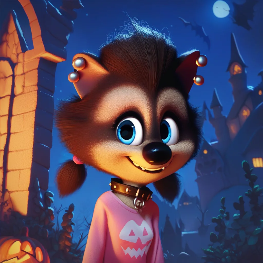 score_9, score_8_up, source_cartoon, winnie, 1girl, solo, pink shirt, blue eyes, earrings, collar, furry, aged up, low twintails, castle, night, outdoors, sfw, halloween