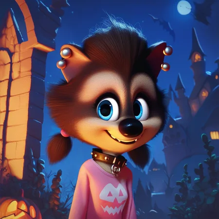 score_9, score_8_up, source_cartoon, winnie, 1girl, solo, pink shirt, blue eyes, earrings, collar, furry, aged up, low twintails, castle, night, outdoors, sfw, halloween