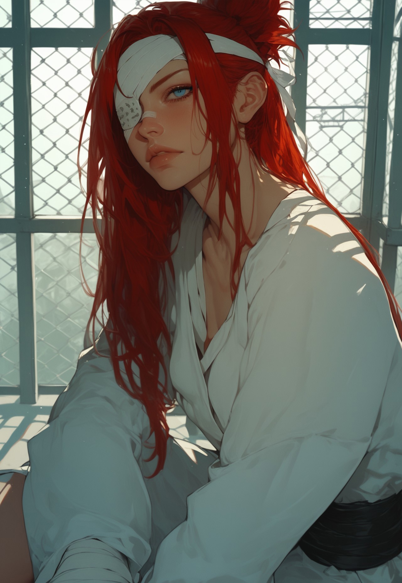 Score_9, score_8_up, score_7_up, score_6_up, score_5_up, score_4_up, a red-haired woman, sitting, 1girl, solo, long hair, red hair, blue eyes, bandages on one eye, shadows reflect on her face, semi-realism, fence, prison bars shadows, Prison, Light and Shadows of the Sun, old worn clothes, eye patches bandages, bandages on head, sunlight from window, semi-realism, 