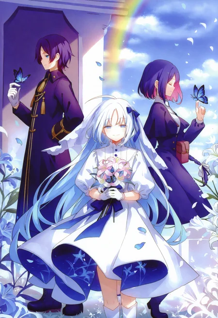 1boy, multiple girls, 1girl, 
butterfly, flower, bug, blue butterfly, blue eyes, bouquet, rainbow, holding bouquet, blue hair, long hair, holding, white flower, smile, dress, veil, parted bangs, long sleeves, closed eyes, curtained hair, closed mouth, white hair, braid, white dress, falling petals, lily \(flower\), gloves, petals, tassel, ahoge, holding flower, standing, white gloves, puffy long sleeves, multicolored hair, bow, blue ribbon, pink flower, blue flower, outdoors, puffy sleeves, blue sky, purple flower, sky, pink hair, looking at viewer, ribbon, hand up, white lily, day, pouch, hand on own hip, hair bow, white butterfly, very long hair, index finger raised, blue bow, hair ribbon, butterfly on hand, boots, jacket, short hair, bag,
masterpiece, best quality, newest, absurdres, highres, safe
 <lora:Dhiea1_noob1.1-000177:1>