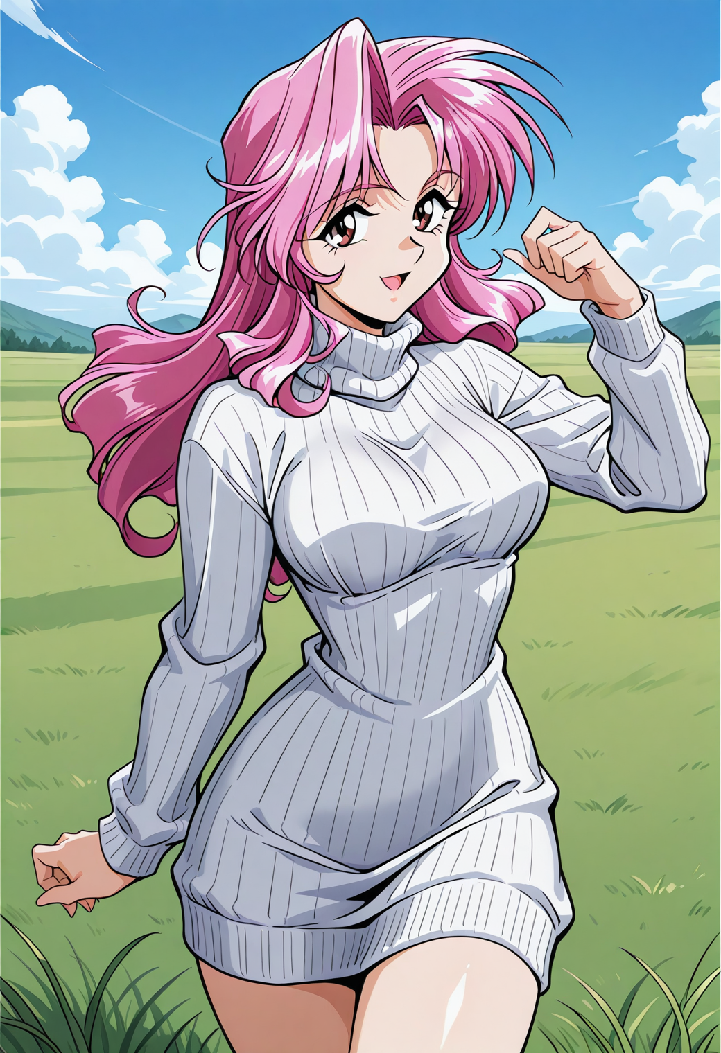 takagi_reiko, brown eyes, pink hair, long hair, sweater dress, turtleneck, ribbed sweater, <lora:Graduation_takagi_reiko_illustrious_ver1:0.8>
light smile, open mouth,, masterpiece, best quality, sensitive,, 1girl, solo, blue sky, (grasslands:1.2), looking at viewer,, (cowboy shot, dynamic pose:1.4),