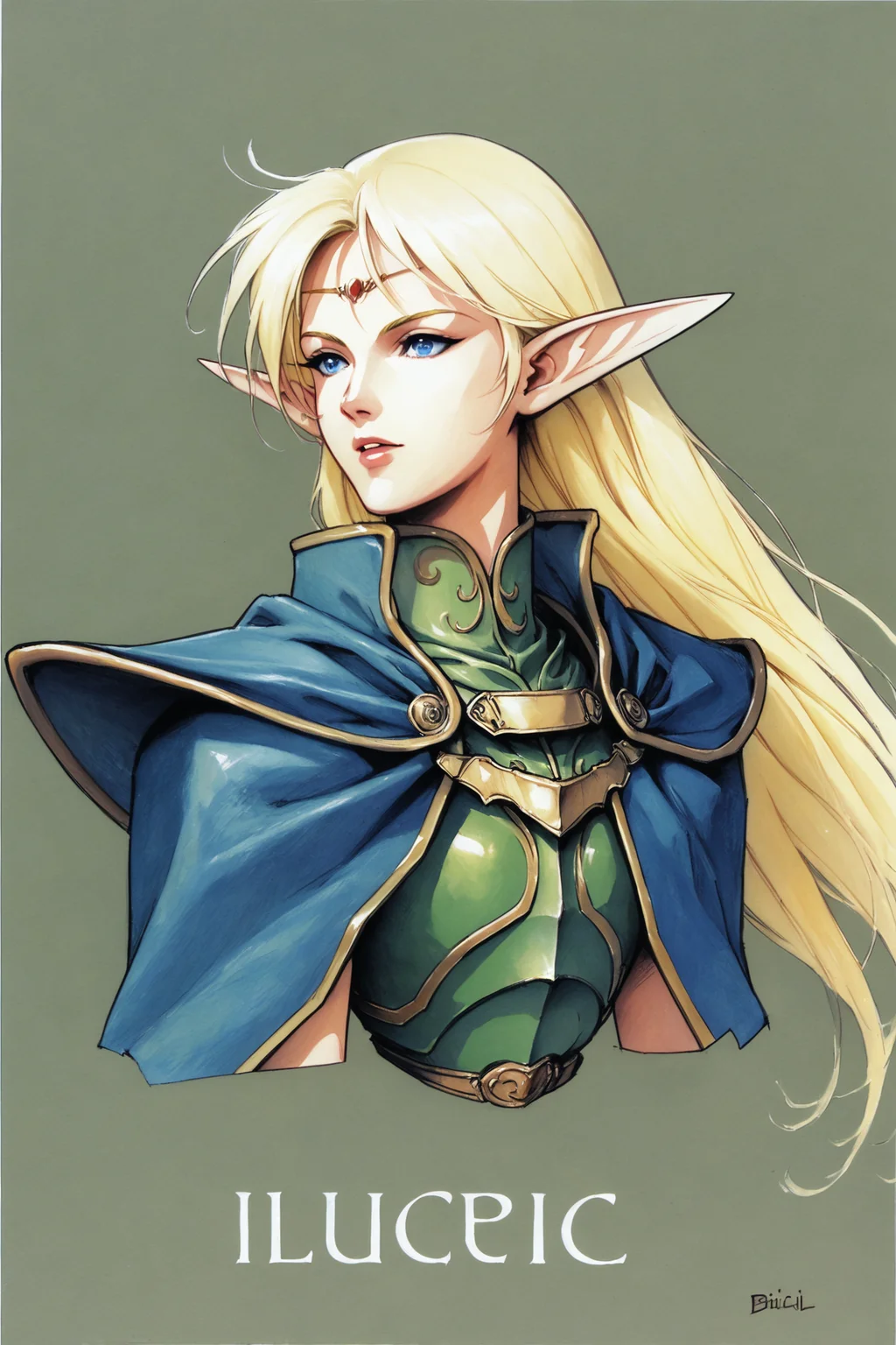 Deedlit,1girl,solo,pointy ears,long hair,blue eyes,blue cape,green armor,blonde hair,elf,standing,simple background,traditional media,marker_(medium),character name,upper body,score_8_up,<lora:Yutaka Izubuchi_XL_PONY:0.9>,