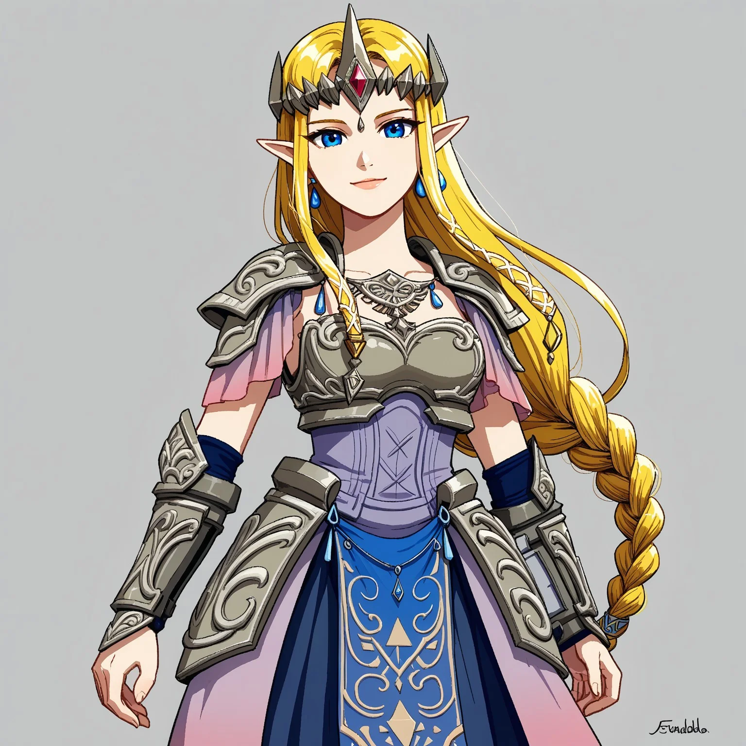 safe_pos, 1girl, armor, armored_dress, blonde_hair, blue_eyes, braid, earrings, faulds, female_focus, greaves, jewelry, long_hair, pauldrons, pelvic_curtain, pointy_ears, shoulder_armor, showgirl_skirt, solo, tiara, vambraces, very_long_hair,, looking at viewer, seductive smile, upper body, cowboy shot