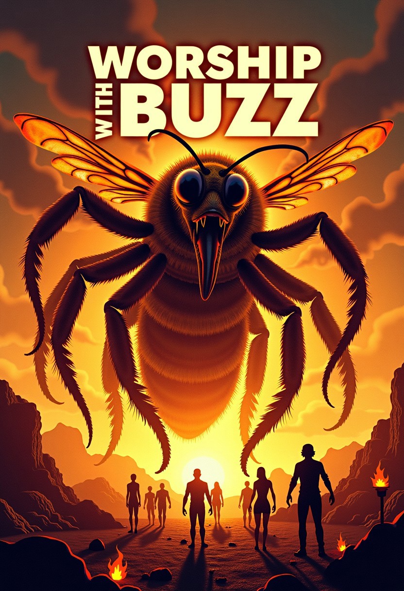 movie poster with text "Worship with Buzz", The giant horrifying bee octopus hybrid great old one god swallowing humans in the all-consuming rage spreading the inevitable existential horror