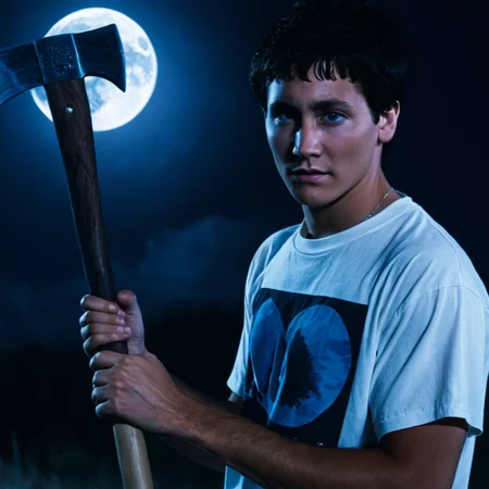 <lora:add-detail-xl:1>
<lora:detailed:0.3>
<lora:perfection style:0.3>
<lora:xl_more_art-full_v1:0.3>
<lora:Donnie Darko film style:1>
Jake a man holding a wooden axe in his hand,solo,looking at viewer with a glowingmoon on his chest,short hair,shirt,black hair,1boy,closed mouth,white shirt,upper body,short sleeves,male focus,artist name,bag,watermark,black background,web address,blue theme,instagram username , cinematic, film, Donnie Darko film style