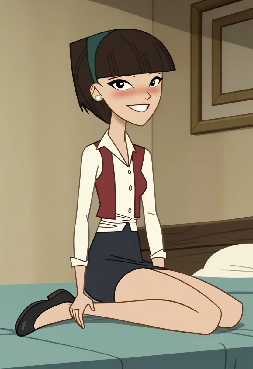 safe_pos, score_9, score_8_up, score_7_up BREAK TinaKwee, 1girl, black bobcut, blunt bangs, black eyes, white pearl earrings, dark green hairband, sleeveless open red shirt, long-sleeved white shirt, dark blue skirt, flat black shoes, female, female focus, solo focus, alone, full body, screenshot, official art, parody, cartoon footage, official design, screencap, cartoon screenshot, official screenshot, 2d, cartoon, source_cartoon, happy, blushing, sexy pose, pinup pose, pinup, sexy, looking at viewer, lying in bed,