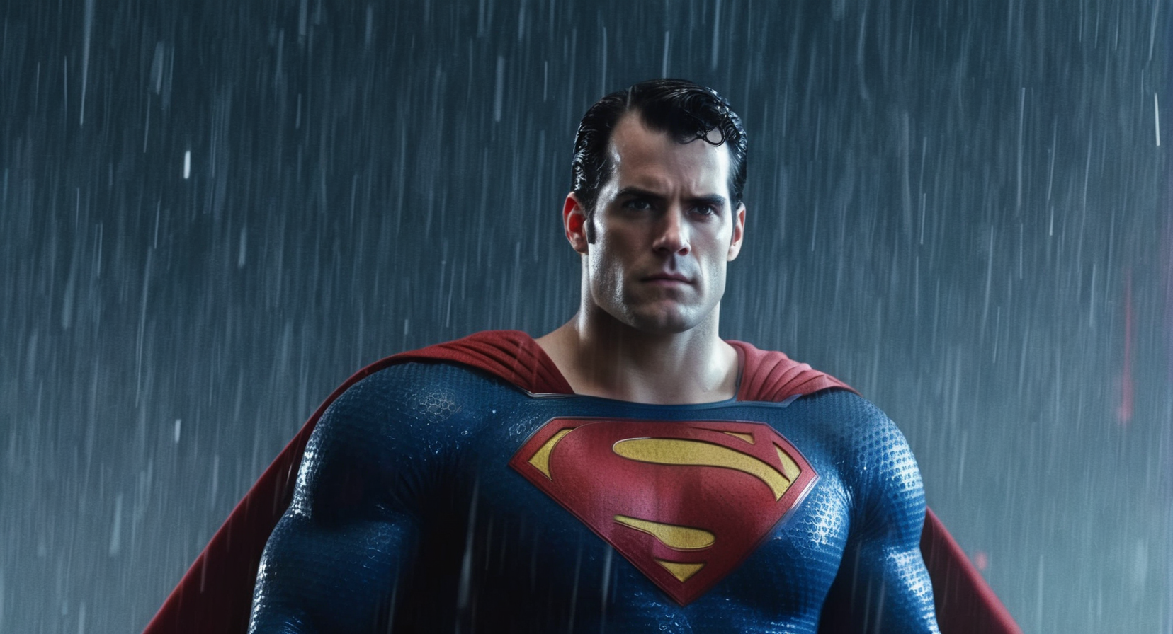 concept art of  Cinematic Film stock footage in (arri alexa style) Kodak film print,  <lora:Superman:1> Superman a man in a superman costume in the rain with red eyes heat vision, digital artwork, illustrative, painterly, matte painting, highly detailed