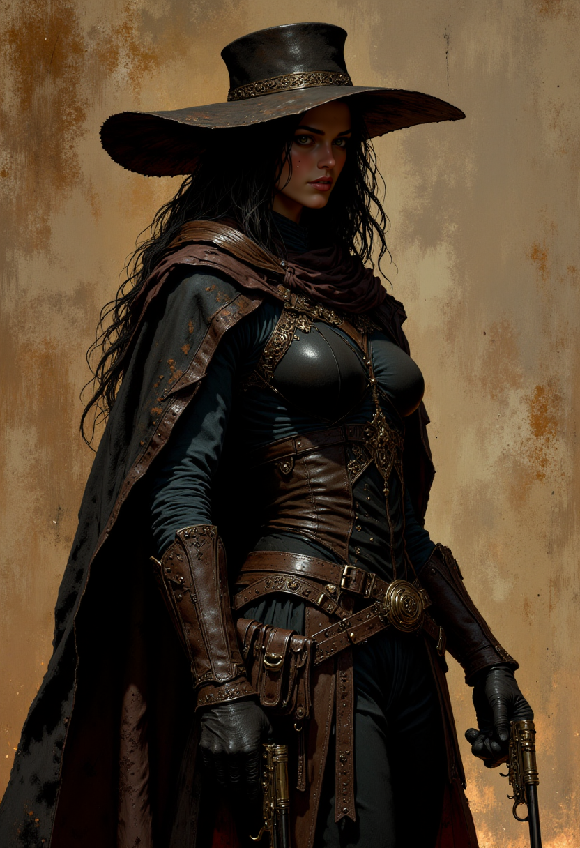 Image is a digital painting with a western theme, featuring a lone figure in a dramatic pose. The subject is a female with long, dark hair partially obscured by a wide-brimmed, weathered hat. She has a fair complexion and a determined expression. The attire is a rugged, dark leather coat with intricate detailing, complemented by a scarf wrapped around the neck. The figure holds a revolver in a gloved hand, exuding a sense of readiness and confidence. The background is a textured blend of earthy tones, enhancing the overall gritty and adventurous atmosphere of the scene. light particles, extremely sharp focus, unique artistic composition, (maximum ultra high definition image quality and rendering:3), maximum image detail, maximum realistic render, (((ultra realist style))), realist side lighting, , 8K high definition, realist soft lighting, (amazing special effect:3.5)
<lora:FluxMythP0rtr4itStyle:0.6> <lora:flux.1_lora_flyway_Epic-Characters_v1:0.6> <lora:Elden_Ring_-_Yoshitaka_Amano:0.33>