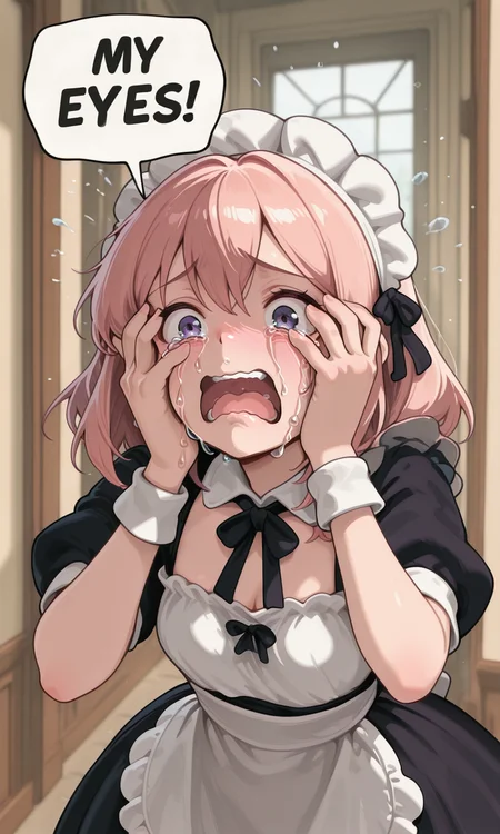 embedding:IllusP0s, MY EYES!, speech bubble, crying, covering own eyes, 1girl, pink hair, purple eyes, maid outfit,<lora:MY EYES_illustrious.safetensors:1.0:1.0> <lora:g00se_v2_ill.safetensors:0.9:0.9> <lora:CivChan.safetensors:0.8:0.8>
