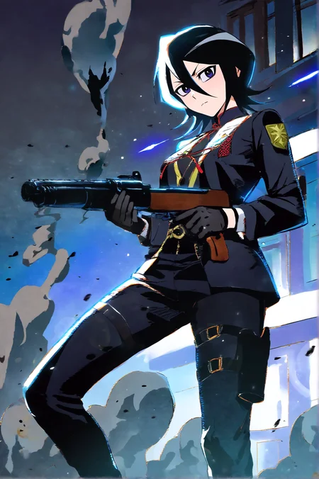 masterpiece, best quality, dark grey background, indoors, cinematic lighting, lens flare, flying debris, dust, smoke, amazing quality, very aesthetic, absurdres, best quality, newest, year 2023, Kuchiki Rukia, Shinigami Outfit, seductive body, solo, expressionless, aiming tactical shotgun, thigh gun holster, full body, <lora:JN_JN_Kuchiki_Rukia_TYBW_Illus:0.8>