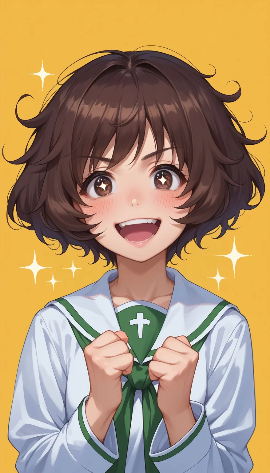 score_9, score_8_up, score_7_up, score_6_up, , solo, 20yo woman, (Beuty:1.1) , (cute:1.3), ,perfecteyes , seductive smile,perfect (photo realistic:1.2), (simple background:1.1),
<lora:Akiyama:0.9> akiyama yukari, 1girl, messy hair, brown hair, open mouth, ooarai school uniform, short hair, sparkle, brown eyes, smile, clenched hands, serafuku, bangs, + +, white shirt, blouse, sparkling eyes, v-shaped eyebrows, looking at viewer, yellow background, :d, neckerchief, blush, long sleeves, portrait, upper body, excited, white sailor collar