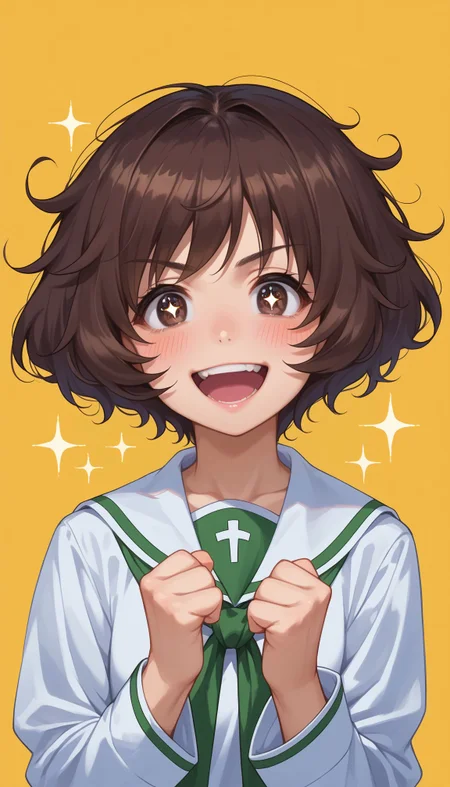 score_9, score_8_up, score_7_up, score_6_up, , solo, 20yo woman, (Beuty:1.1) , (cute:1.3), ,perfecteyes , seductive smile,perfect (photo realistic:1.2), (simple background:1.1),
<lora:Akiyama:0.9> akiyama yukari, 1girl, messy hair, brown hair, open mouth, ooarai school uniform, short hair, sparkle, brown eyes, smile, clenched hands, serafuku, bangs, + +, white shirt, blouse, sparkling eyes, v-shaped eyebrows, looking at viewer, yellow background, :d, neckerchief, blush, long sleeves, portrait, upper body, excited, white sailor collar