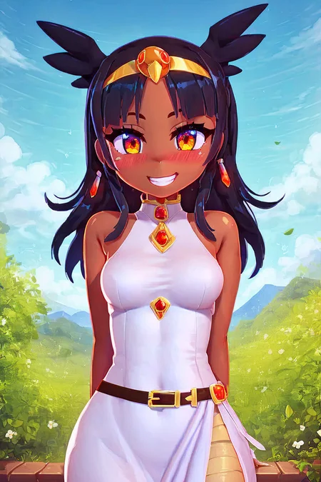 score_9, score_8_up, score_8, medium breasts, (curvy), cute, eyelashes, BREAK, , zzToto, dark skin, 1girl, blush, black hair, jewelry, sky, day, bandages, white dress, sleeveless dress, <lora:Toto_Takatsu_PDXL:0.8>, , BREAK, smile, looking at viewer, cowboy shot, embedding:zPDXL, Expressiveh, <lora:Zy0n7_PDXL:1.0>, <lora:SDXLFaeTastic2400:0.5>, <lora:Expressive_H-000001:0.4>,