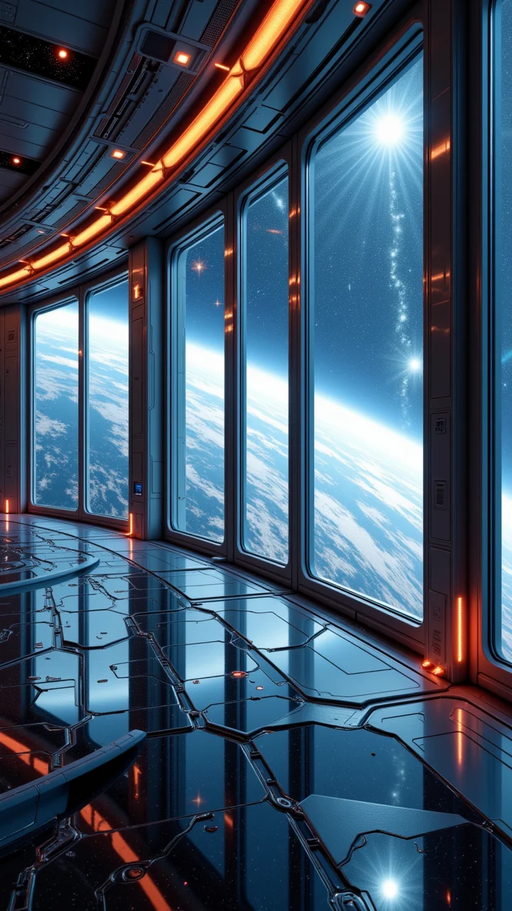 Jeddtlv3, A futuristic space station orbiting a distant planet, with massive windows showcasing a stunning view of the galaxy beyond, highly detailed, sharp and in focus, <lora:Flux_Detailer_v3-000007:1> ,