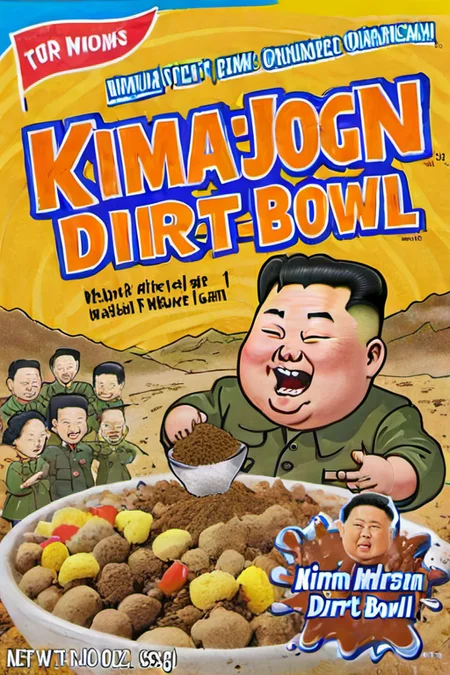 <lora:cereal_box_sdxl_v1:1> kim jong un dirt bowl