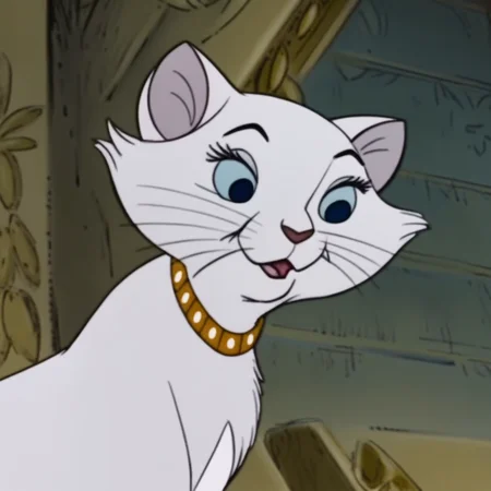 Duchess, Disney, cartoon, 2D, cat, female, white fur, paws, blue eyes, gold jeweled collar,