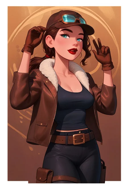 score_9, score_8_up, score_7_up, score_6_up, score_5_up, score_4_up, btimmsketch, cowboy Shot, datmom, 1girl, brown hair, breasts, low ponytail, lips, RS0TXTANE, brown aviator cap, turquoise-tinted goggles, dark red lipstick, brown aviator jacket with white fur collar, jacket, black tank top, black pants, belt, holster, brown gloves, brown boots, pin-up pose, sexy, halftone effect, white borders, abstract background:1.2