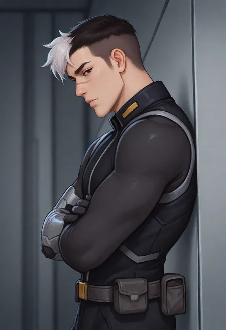 embedding:Illustrious\Positive\IllusP0s, embedding:Illustrious\Positive\IllustriousQual, 1boy, male focus, solo, illushirogane, black bodysuit, belt, undercut hair centered white bang, nose scar, prosthetic arm, standing, arms crossed, lean on the wall, interstellar spaceship interior, futuristic, look at viewer, side view, depth of field, best quality, high resolution, masterpiece.