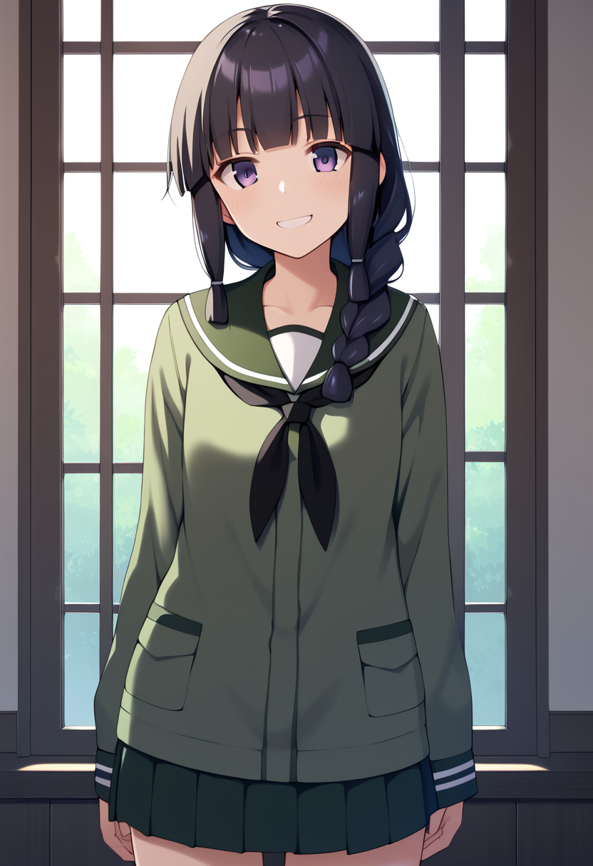 score_9, score_8_up, score_7_up, score_6_up, score_5_up, score_4_up, source_anime,
BREAK,
indoors, standing, looking at viewer, smile, serafuku, school uniform, 
<lora:kitakami_kancolle_ponyXL_v1:1> kitakami \(kancolle\), black hair, long hair, single braid, blunt bangs, sidelocks, purple eyes,