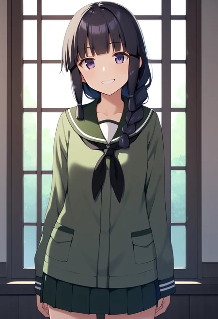 score_9, score_8_up, score_7_up, score_6_up, score_5_up, score_4_up, source_anime,
BREAK,
indoors, standing, looking at viewer, smile, serafuku, school uniform, 
<lora:kitakami_kancolle_ponyXL_v1:1> kitakami \(kancolle\), black hair, long hair, single braid, blunt bangs, sidelocks, purple eyes,