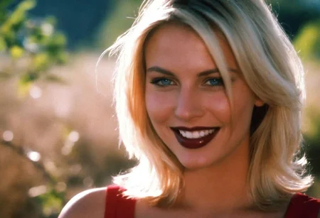 CinematicPortrait woman analog photo blonde smile masterpiece outdoors, (glossy dark lipstick), blue eyes, (vegetation), soft focus, depth of field, film grain, (((looking at viewer))) <lora:CinematicPortraitXL_v3:0.35> <lora:EuroBabe-v4-XL:0.25>