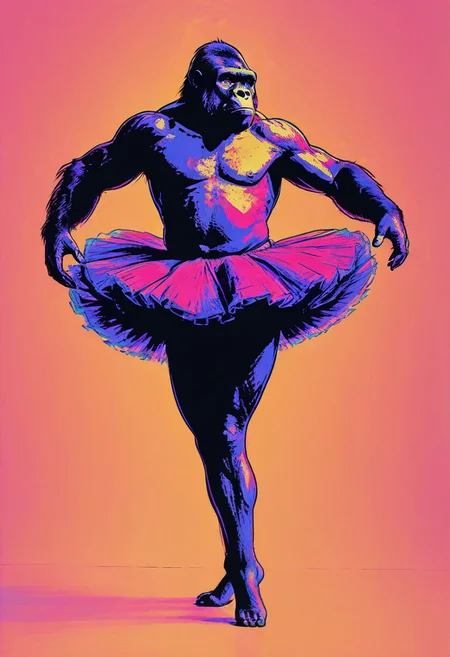 medium shot, full body, ballet pose, impactful color paint of, a gorilla wearing a ballet tutu skirt, highly detailed, vibrant colors , 8k, sharp, professional, clear, high contrast, high saturated, , vivid deep blacks, crystal clear