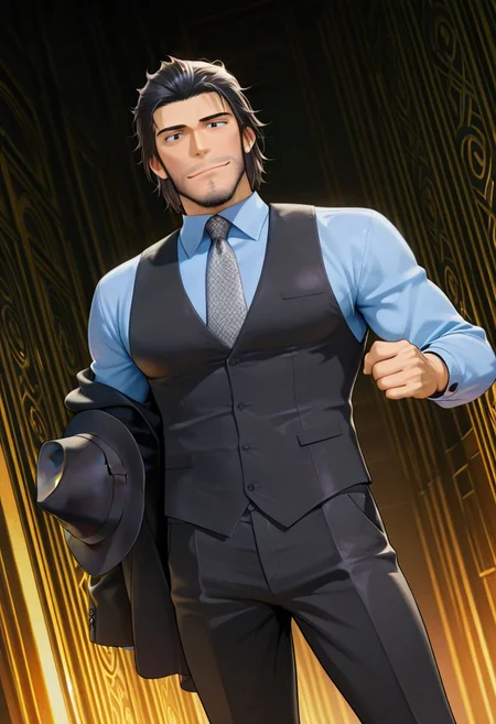 score_9, score_8_up, score_7_up, score_6_up, perfect anatomy, perfect proportions, best quality, masterpiece, high_resolution, high quality, best aesthetic, incredibly absurdres, highres, extremely detailed, huge filesize, solo male, adult, mature, masculine, manly, handsome, charming, alluring, standing, upper body, dutch angle, cowboy shot, perfect face, source_anime, anime coloring, LP3TFDaisuke, Daisuke Jigeni, black hair, sideburns, facial hair, stubble, chinstrap beard, jawline beard, black eyes, eyes in shadow, LP3TFDaisuke_outfit01, black fedora, black three-piece suit, light blue collared shirt, necktie with a white dotted pattern, black vest, black blazer, black pants, black boots, low angle, from below, golden art deco pattern background, dark background, hat removed, headwear removed, hair slicked back