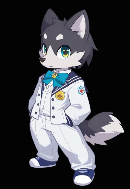 score_9, score_8_up, male, solo, full body, digital art, highly detailed, <lora:CuteMixPDv4:1>, zPDXL2, zPDXLpg, zPDXL, muscular, wolf, white trousers, white shirt, no background, simple background, black background, standing posture, big eyes, large pupil, look at viewer, school uniform, senior high school uniform, beauty fur, beauty body, dreamful fur, dreamful body