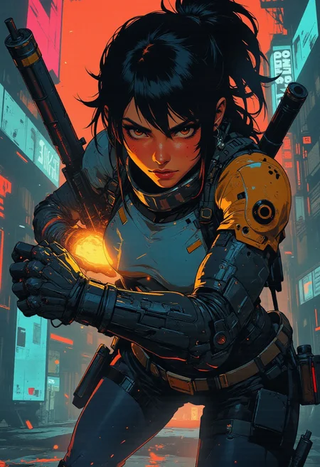 magnificent, closeup portrait, female bounty hunter, braided black hair, futuristic armor, sexy, curvy, large breasts, large ass, a rifle strapped to her back, holstered pistol, Cyberpunk City, Neon Lights, cracking knuckles, hands together, fists, holding own fist, 
looking at viewer, solo, 
Cowboy Shot, close up, from above,