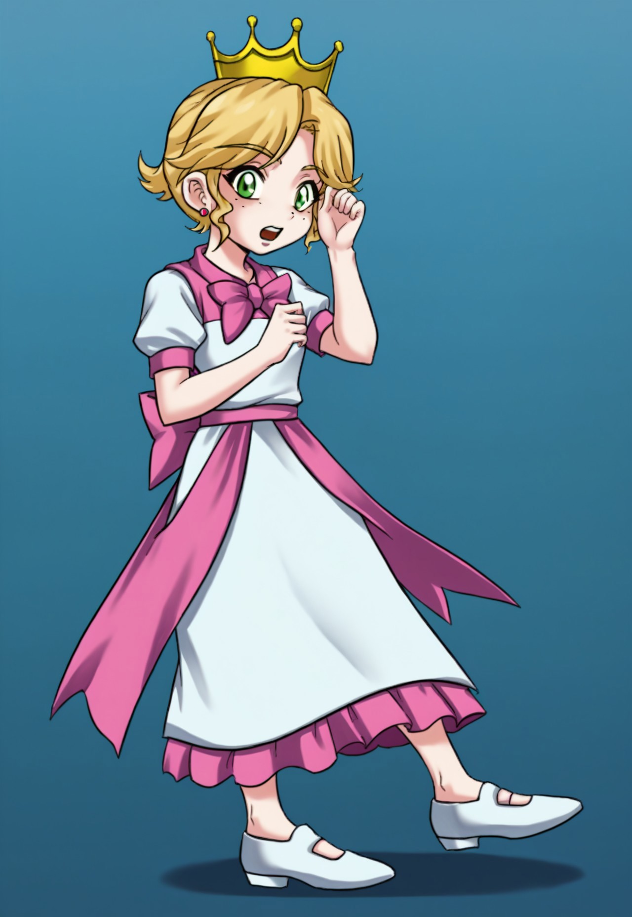score_9, score_8, score_7, source_anime, princessapplejack, crown, pink bow, sidelocks, short hair, open mouth, shoes, freckles