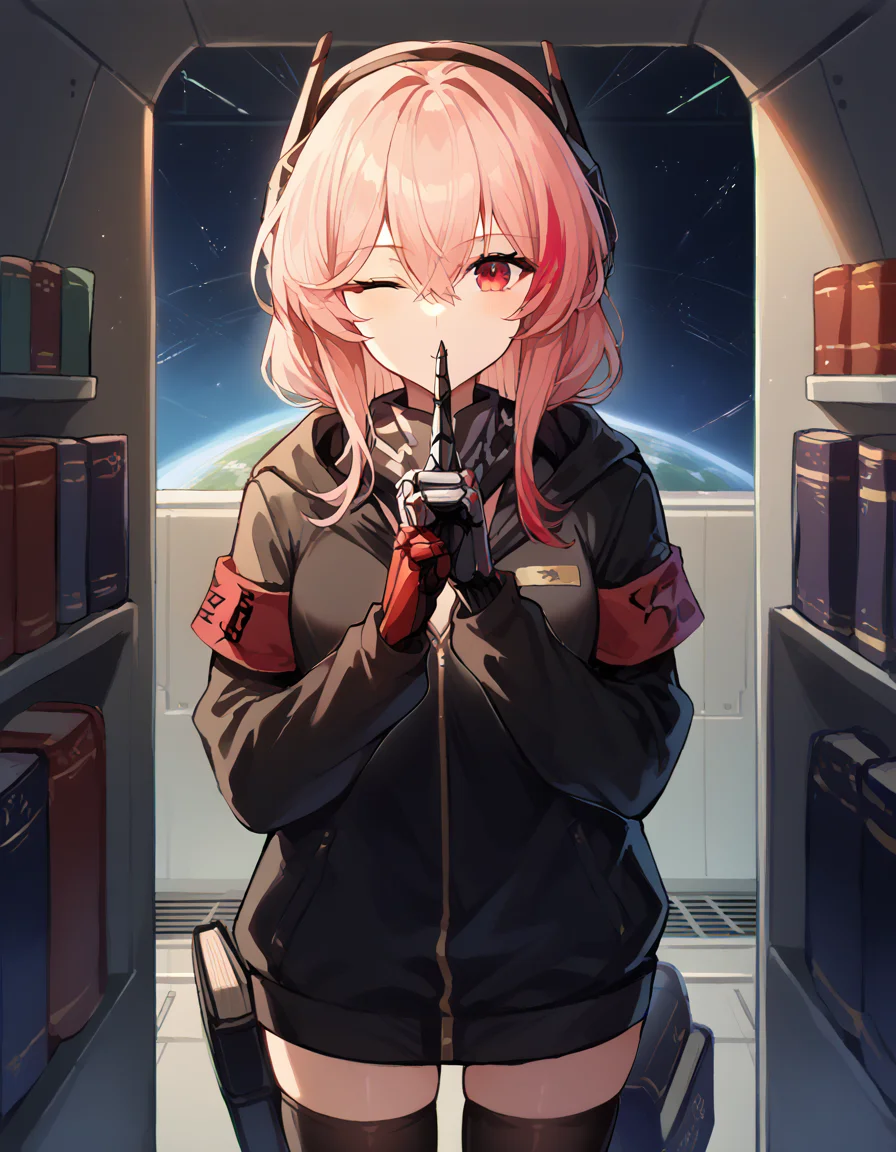 score_9, score_8_up, score_7_up, source_anime, <lora:girlsfrontline-m4-sopmod-ii-ponyxl-lora-nochekaiser:1>, m4 sopmod ii, hair between eyes, red eyes, pink hair, streaked hair, red hair, sidelocks, long hair, multicolored hair, two-tone hair,, armband, black gloves, black jacket, black scarf, black thighhighs, gloves, hair ornament, headgear, headphones, holster, hood, hooded jacket, jacket, mechanical hands, red armband, scarf, thighhighs, track jacket,, space elevator, tall, space, futuristic, technology, , <lora:bookshelf-pov-ponyxl-lora-nochekaiser:1> bookshelf pov, bookshelf, book, too many books, one eye closed, <lora:shushing-ponyxl-lora-nochekaiser:1>, shushing, finger to mouth, index finger raised,, looking at viewer, solo,, dutch angle, cowboy shot