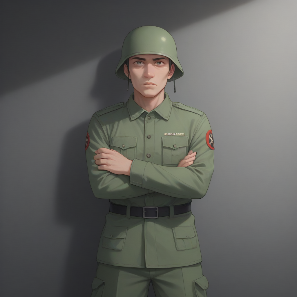 score_9, score_8_up, score_7_up, best quality, masterpiece, source_anime, zPDXL, zPDXL_xxx, BREAK
in city of ruin
1boy,  <lora:rebelsoldier:1>military uniform, rebelsoldier, green helmet, no eyes, <lora:add-detail-xl:1> <lora:detail_eyes:0.5>, standing with crossed arms and raised eyebrow, indicating skepticism