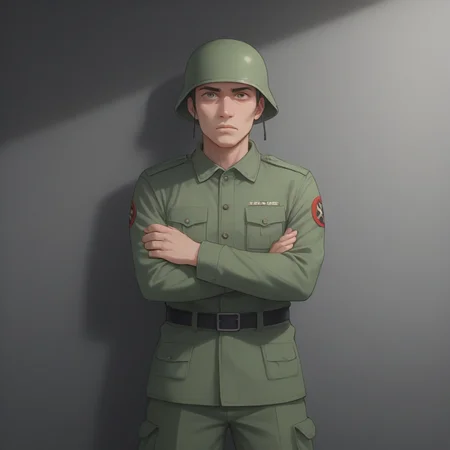 score_9, score_8_up, score_7_up, best quality, masterpiece, source_anime, zPDXL, zPDXL_xxx, BREAK
in city of ruin
1boy,  <lora:rebelsoldier:1>military uniform, rebelsoldier, green helmet, no eyes, <lora:add-detail-xl:1> <lora:detail_eyes:0.5>, standing with crossed arms and raised eyebrow, indicating skepticism