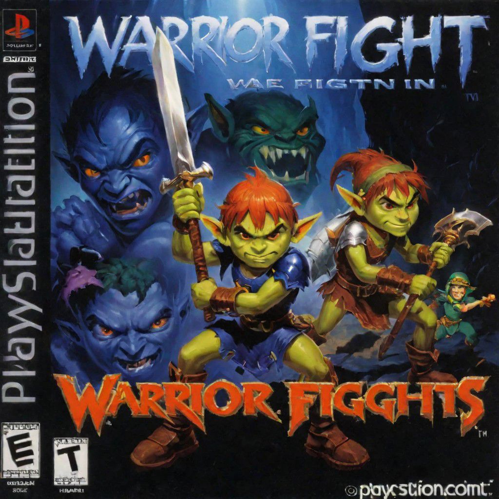 PlayStation 1 cover  warrior fighting and goblins in cave a Text title "action fight"