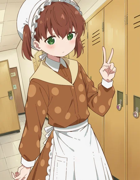 score_9, score_8_up, score_7_up, source_anime, <lora:nae-saikawa-s2-ponyxl-lora-nochekaiser:1>, nae saikawa, bangs, brown hair, hair between eyes, twintails, green eyes,, skirt, shirt, long sleeves, hat, collared shirt, apron, white headwear, polka dot, waist apron, white apron, frilled apron, brown shirt,, school hallway, lockers, between classes, everyday life, , , v,, solo,, dutch angle,