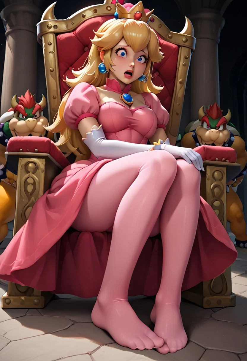 Score_8_up, princess peach, blonde hair, blue eyes, long hair, crown, dress, gem, gloves, pink dress, puffy short sleeves, puffy sleeves, short sleeves, white gloves, movement lines around arms and legs, ((bright Pink pantyhose)), Feet, foot focus, panic, girl sad, standing in throne room, ((scared)), fighting Bowser, Bowser (holding Princess Peach), kidnapping princess,